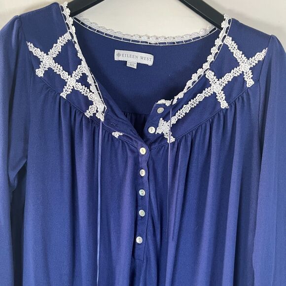 Eileen West Nightgown Short XS Prairie Cottage Ruffle‎ Crochet Ranch Navy Blue - Picture 2 of 7